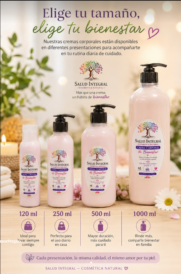 Presentaciones de las cremas Salud Integral: 120, 250, 500 y 1000 ml